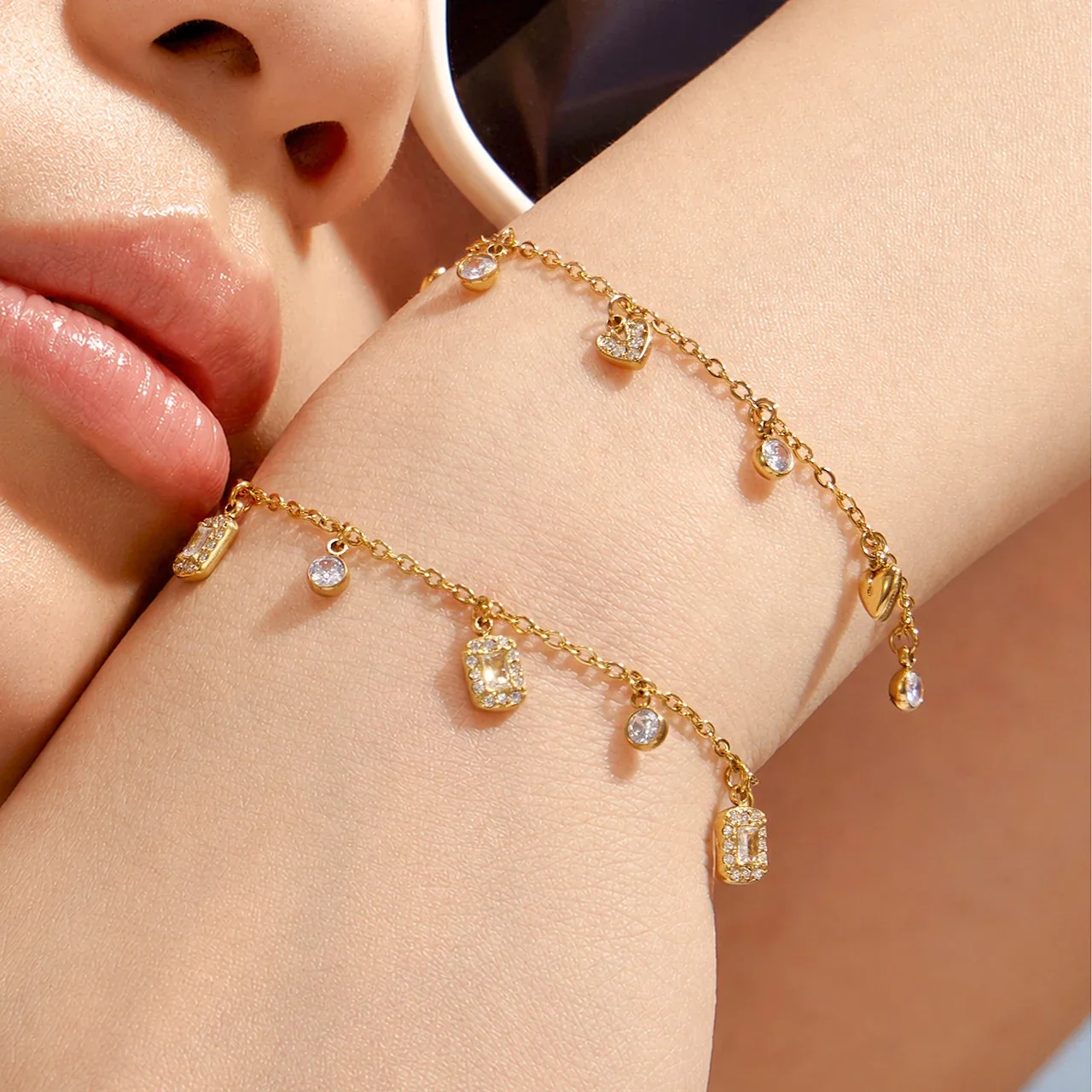 Delicate 18K Gold-Plated Heart Square CZ Jewelry Set