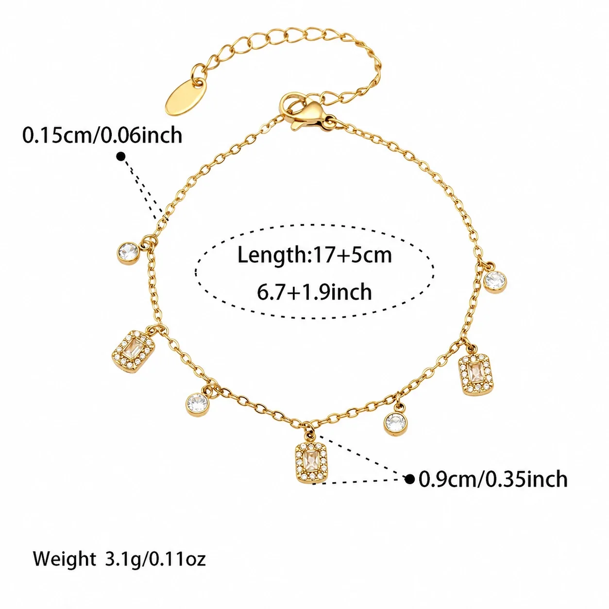Delicate 18K Gold-Plated Heart Square CZ Jewelry Set - Gold Square CZ 17+5 cm