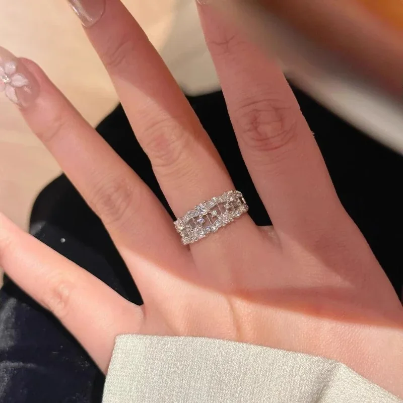 Ornate Silver-Plated Lace Harp Crystal Copper Ring