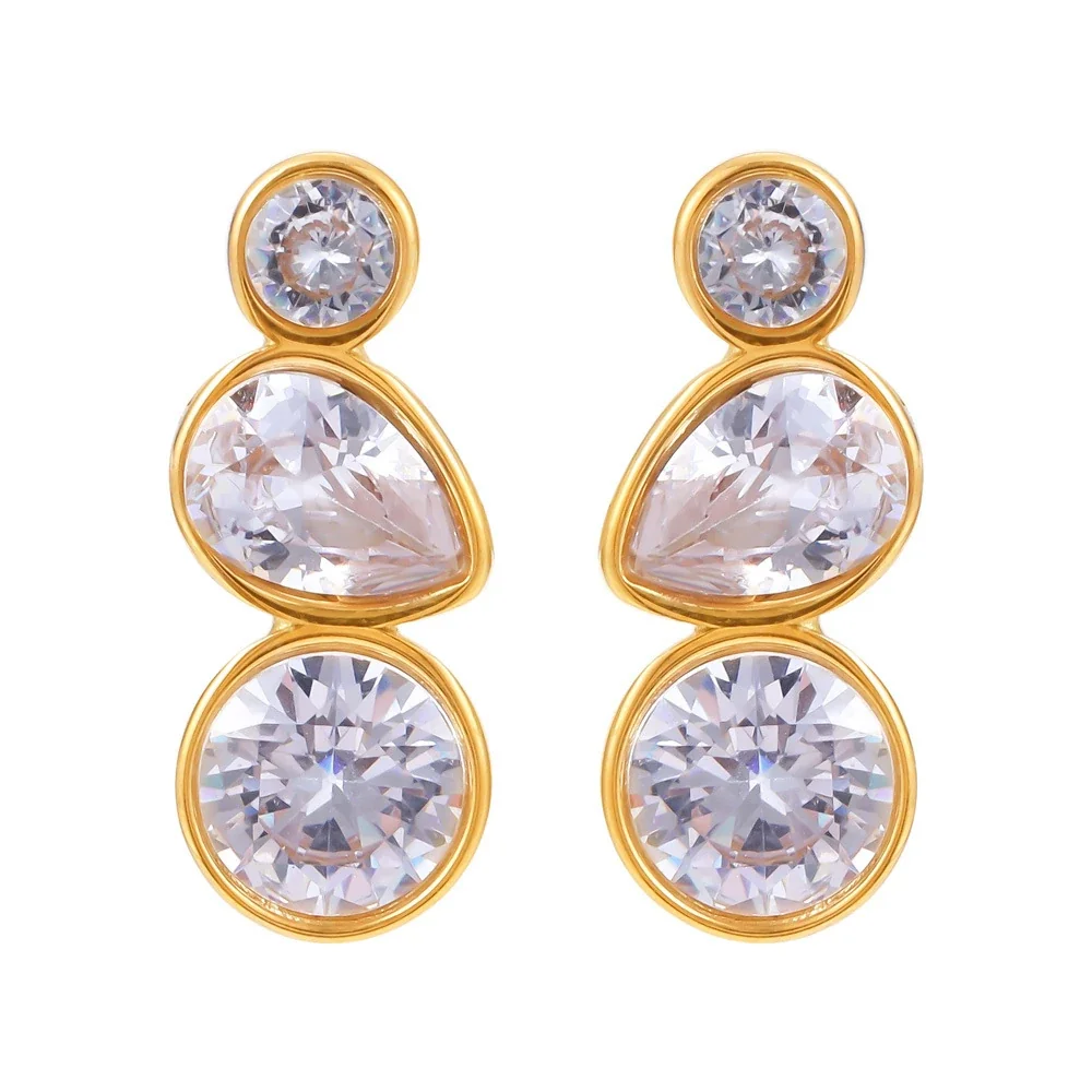 Radiant Stainless Steel Bezel Round Teardrop Stud Earrings