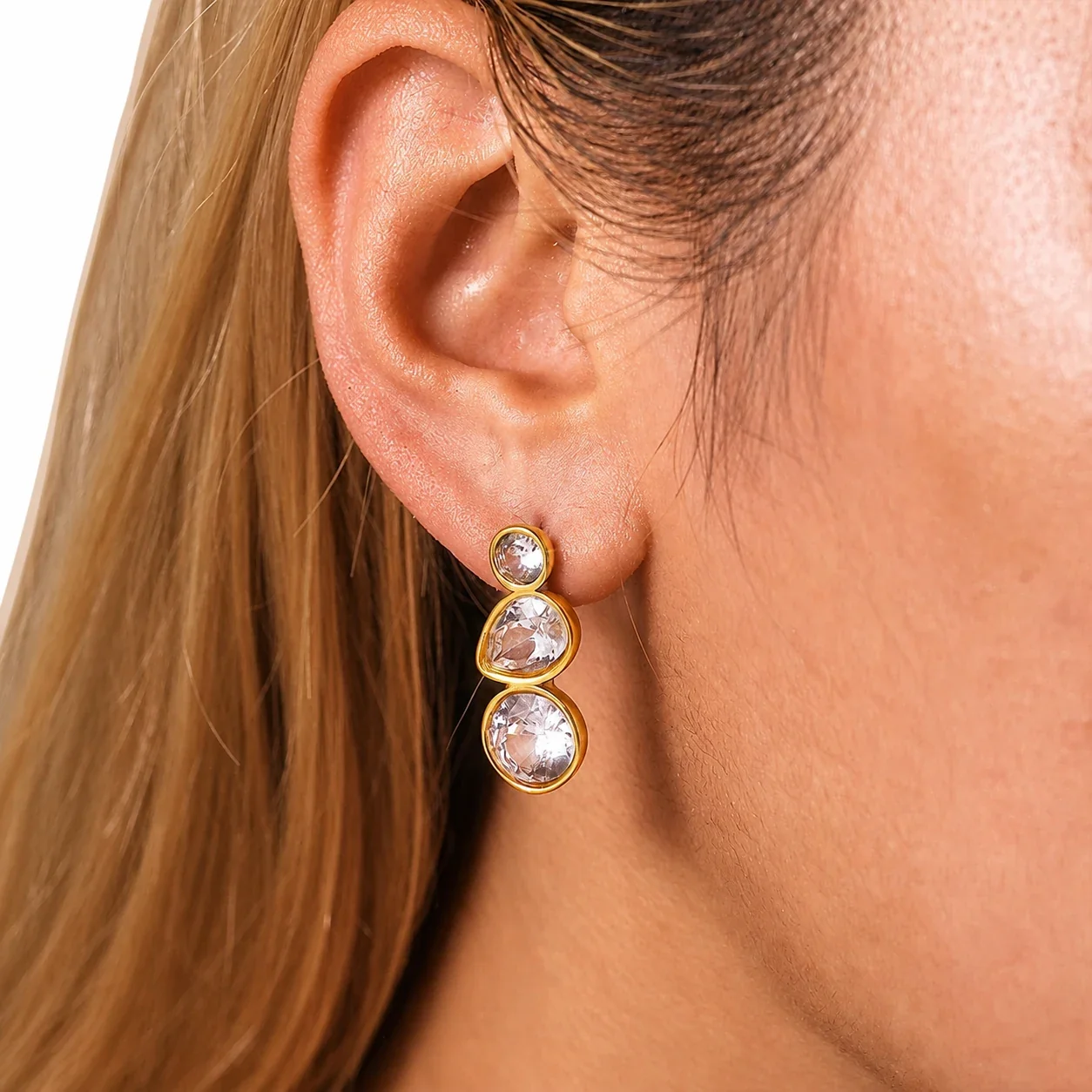 Radiant Stainless Steel Bezel Round Teardrop Stud Earrings