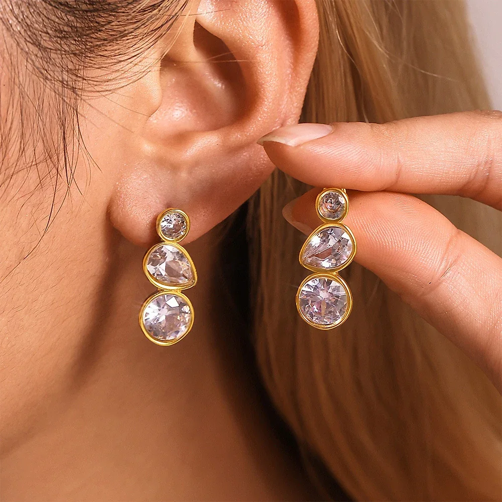 Radiant Stainless Steel Bezel Round Teardrop Stud Earrings