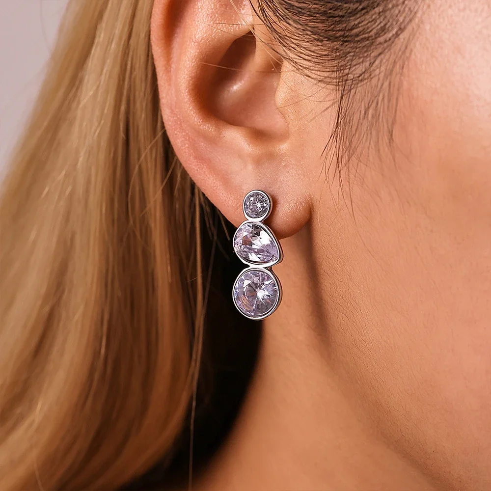 Radiant Stainless Steel Bezel Round Teardrop Stud Earrings