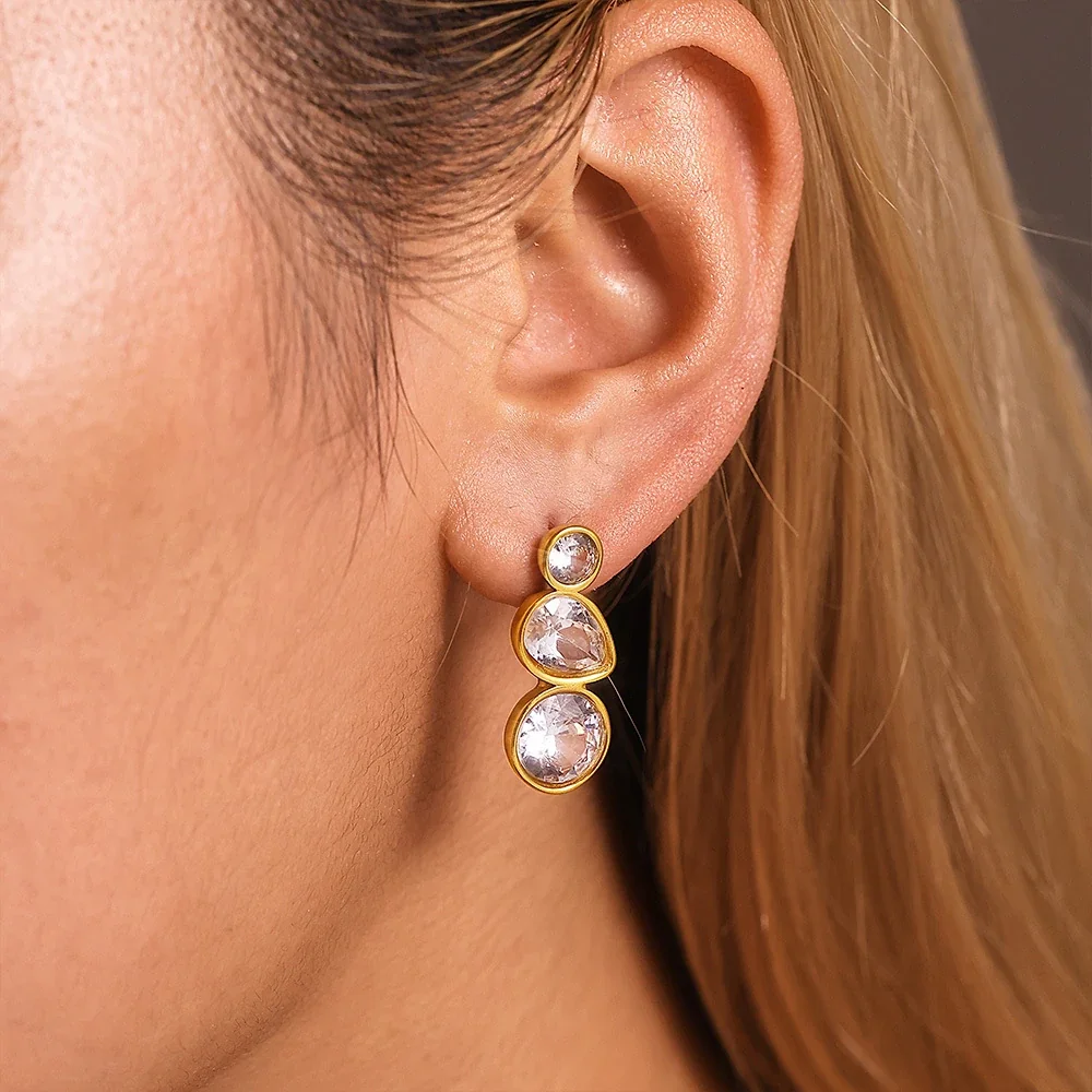 Radiant Stainless Steel Bezel Round Teardrop Stud Earrings