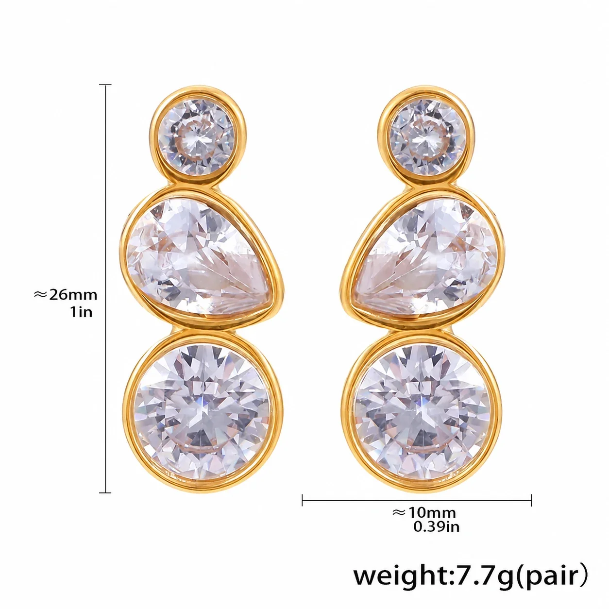 Radiant Stainless Steel Bezel Round Teardrop Stud Earrings - Gold Teardrop CZ