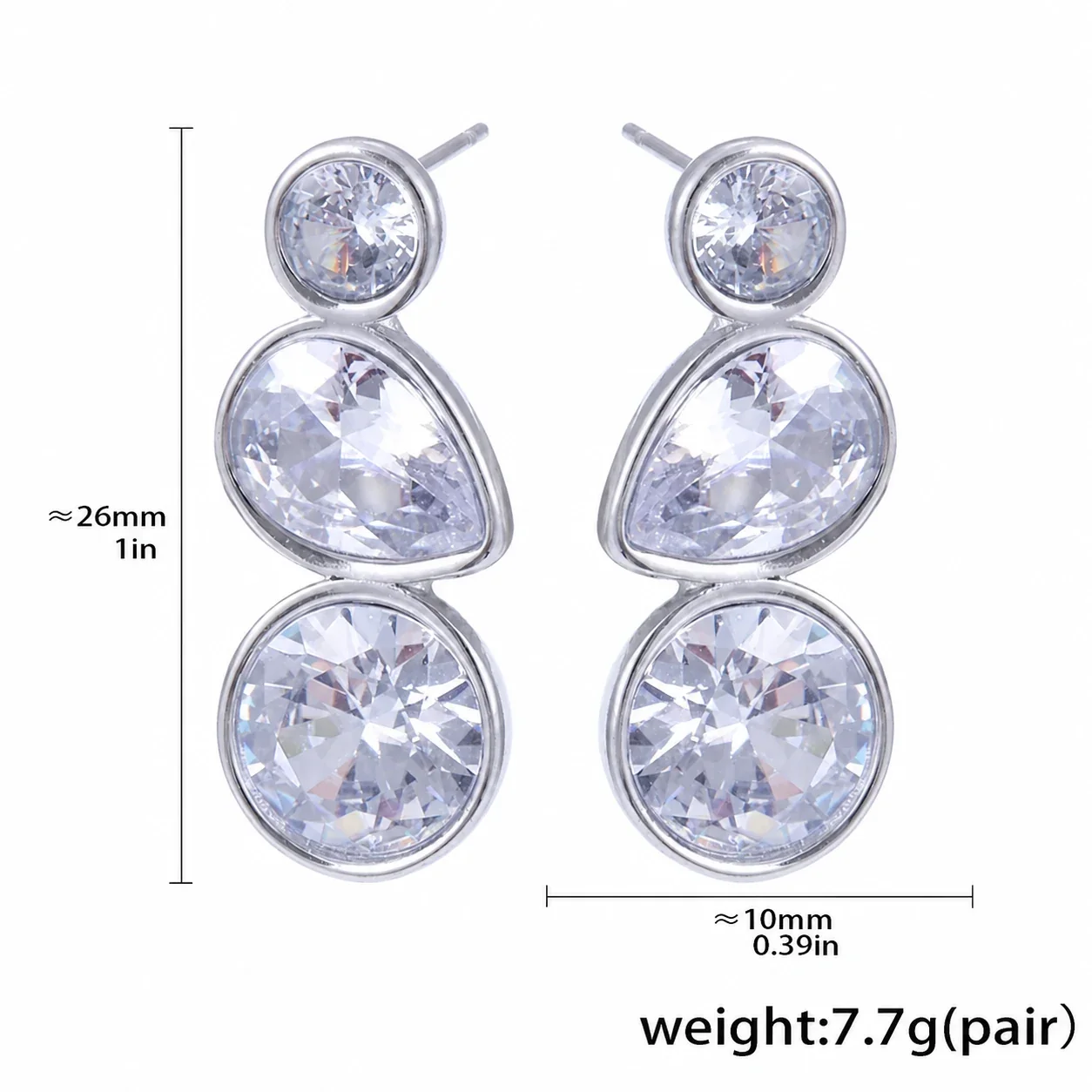 Radiant Stainless Steel Bezel Round Teardrop Stud Earrings - Silver Teardrop CZ