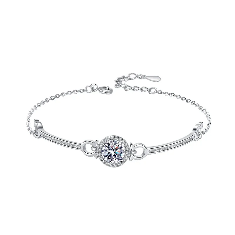 Polished 925 Sterling Silver Round Halo Pavé Bar Moissanite Bracelet
