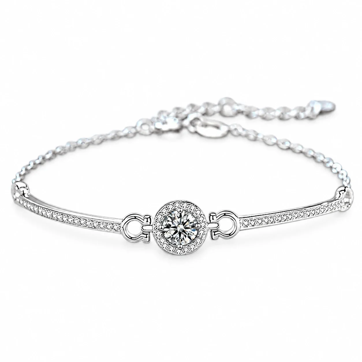 Polished 925 sterling silver Round Halo Pavé Bar Bracelet