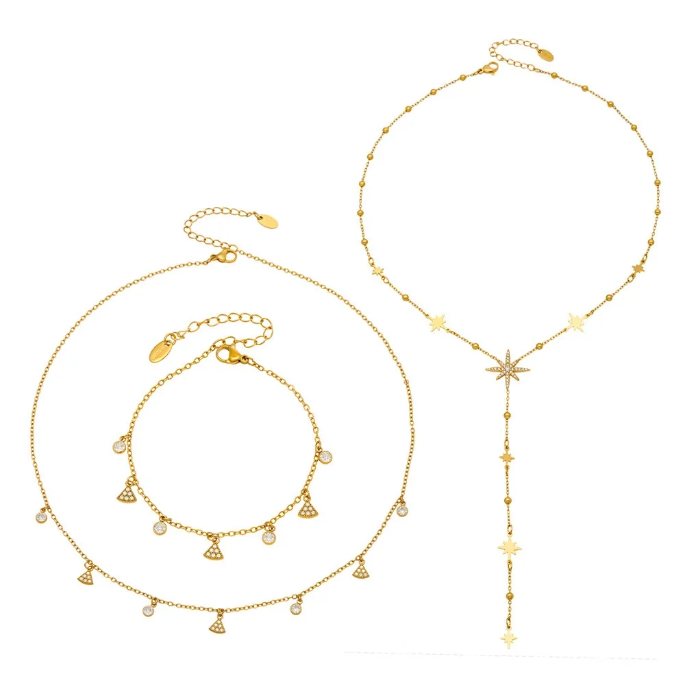 Celestial Bead Chain Star Y-Drop Stainless Steel Necklace & Bracelet