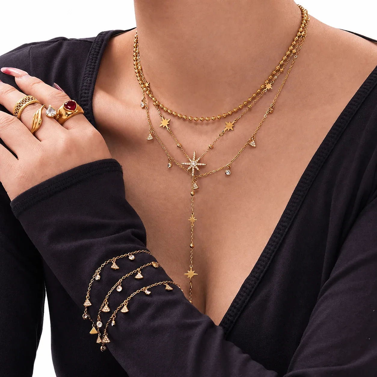 Celestial Bead Chain Star Y-Drop Stainless Steel Jewelry Set