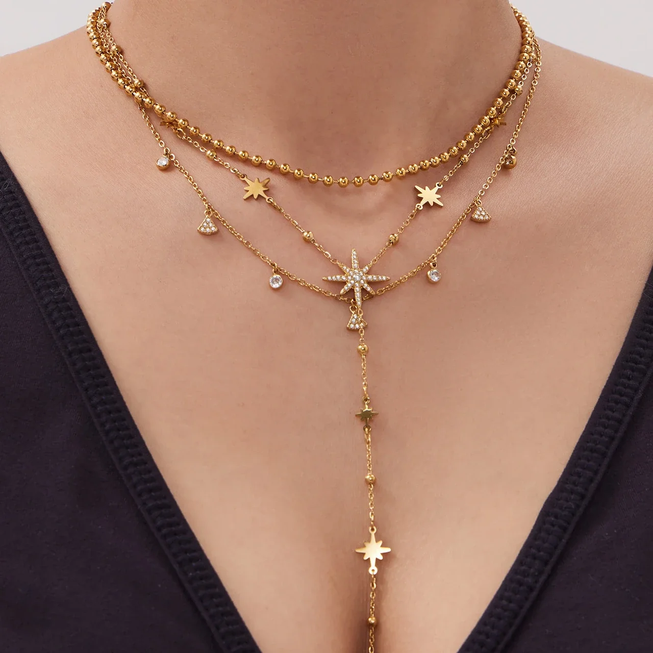 Celestial Bead Chain Star Y-Drop Stainless Steel Jewelry Set