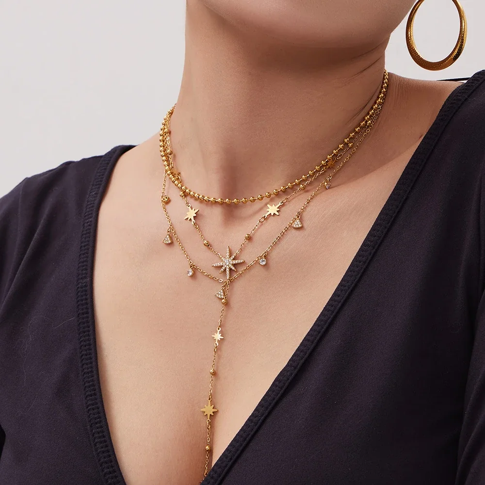 Celestial Bead Chain Star Y-Drop Stainless Steel Jewelry Set