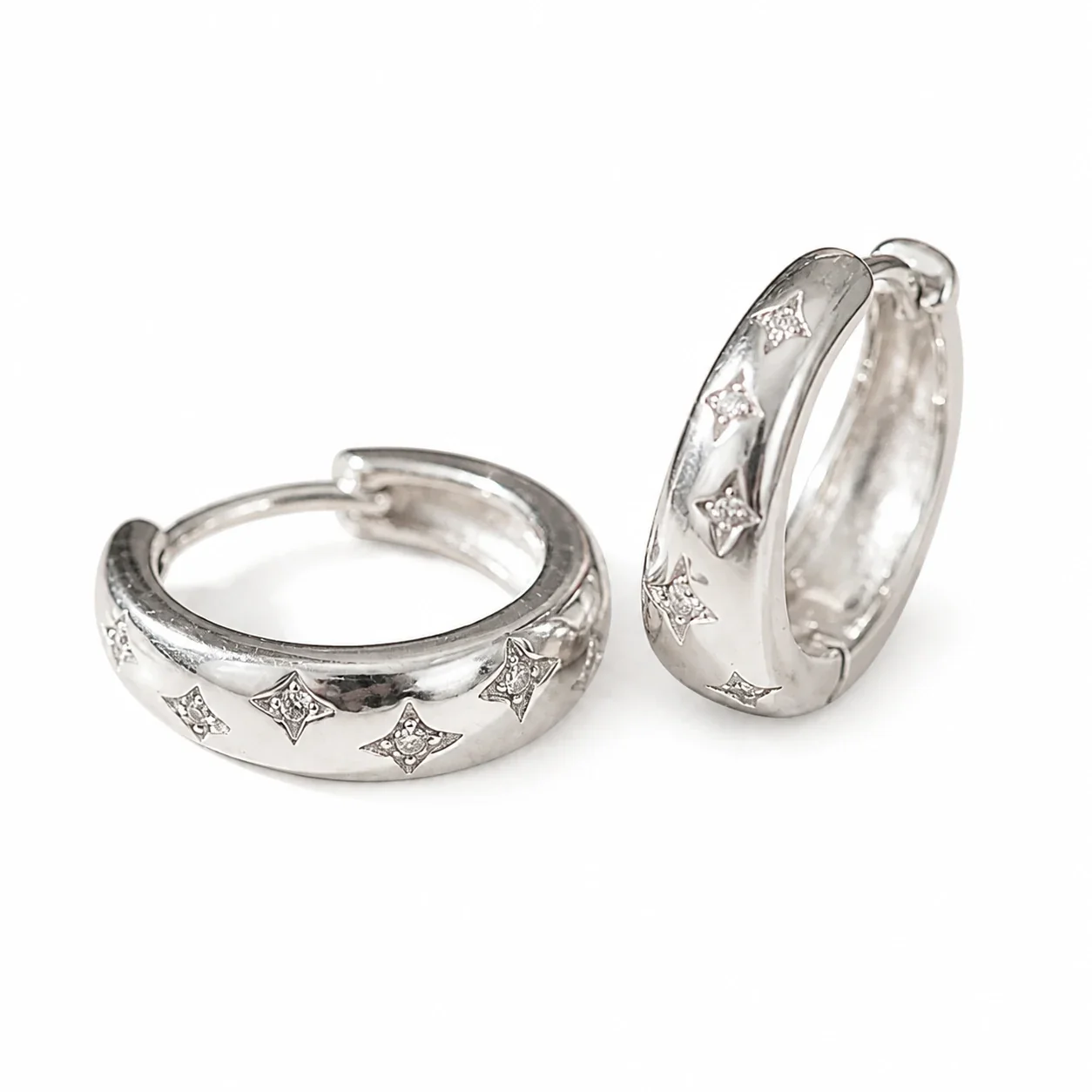 Polished Star-Motif 925 Sterling Silver Huggie Earrings