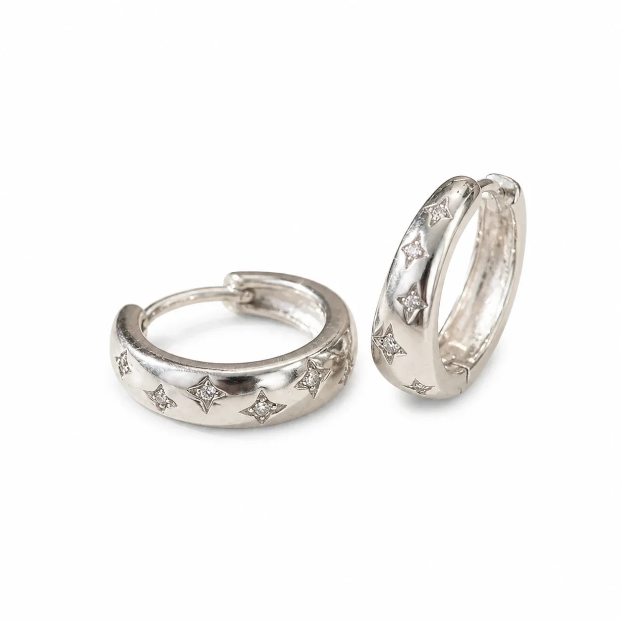 Polished Star-Motif 925 Sterling Silver Huggie Earrings - Silver