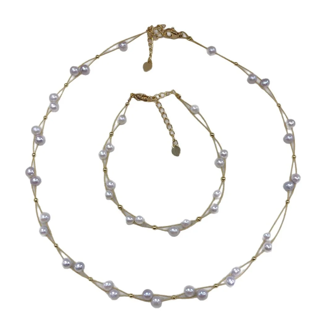 Delicate Gold-Plated Wire Bead Freshwater Pearl Bracelet