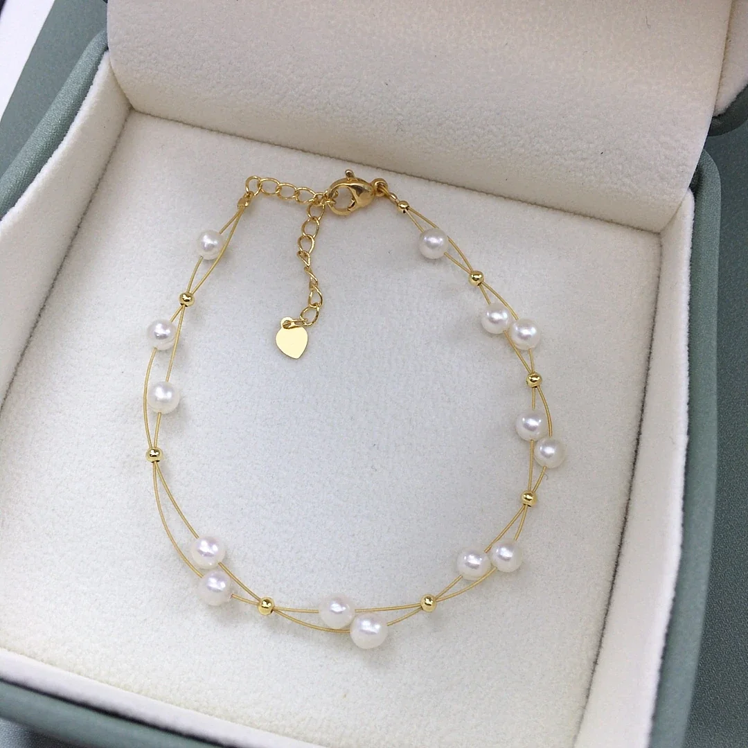 Delicate Gold-Plated Wire Bead Freshwater Pearl Bracelet