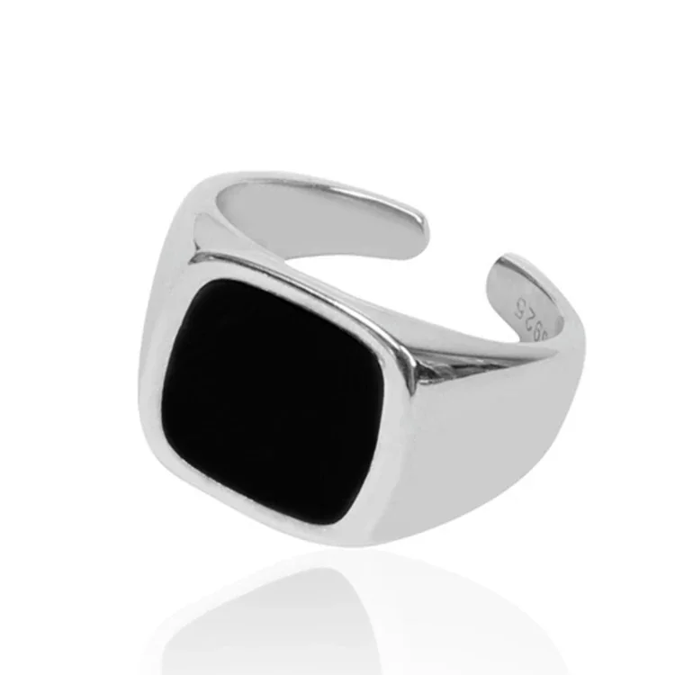 Bold Silver-Plated Black Square Open-Front Copper Signet Ring