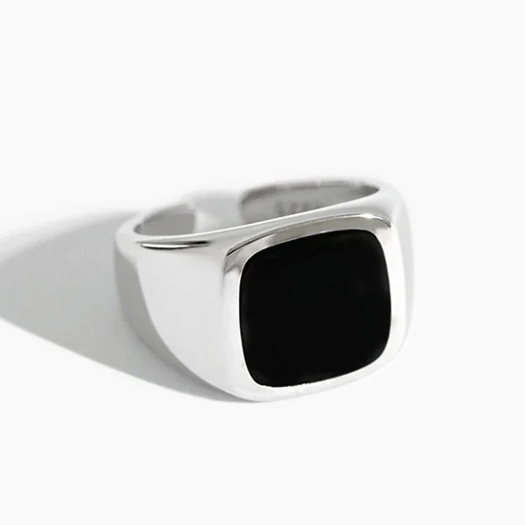 Bold Silver-Plated Black Square Open-Front Copper Signet Ring