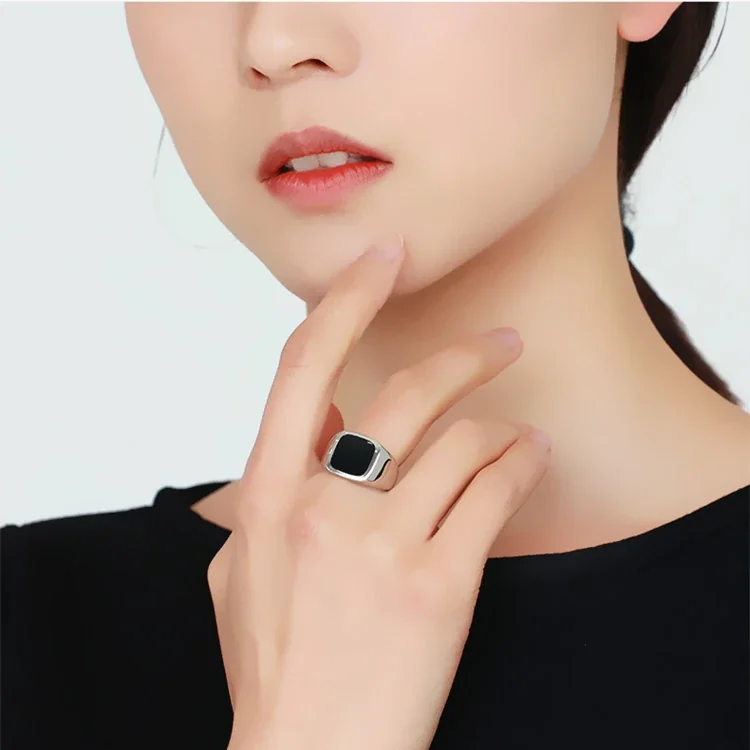 Bold Silver-Plated Black Square Open-Front Copper Signet Ring