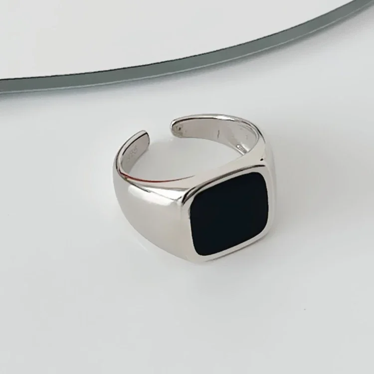 Bold Silver-Plated Black Square Open-Front Copper Signet Ring