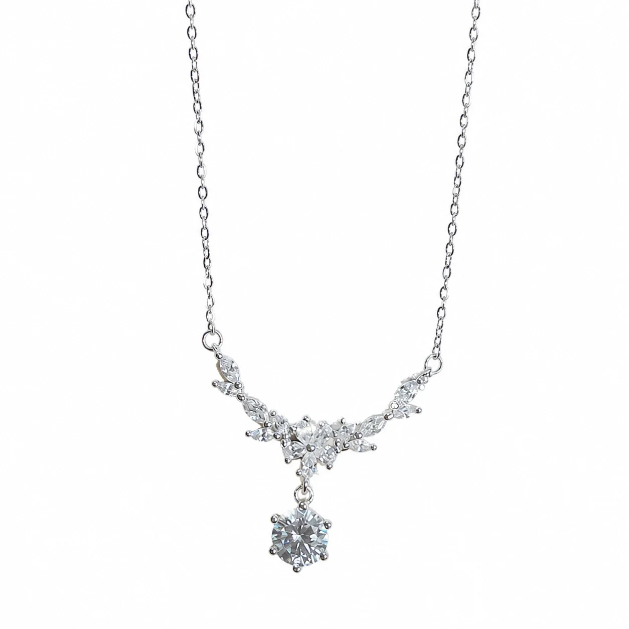 Delicate 925 Sterling Silver Laurel Marquise Crystal Drop Necklace