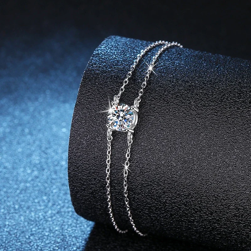 Delicate Double-Chain Round Moissanite 925 Sterling Silver Bracelet