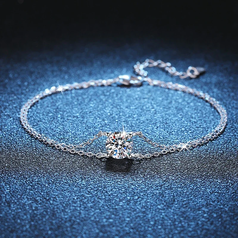 Delicate Double-Chain Round Moissanite 925 Sterling Silver Bracelet