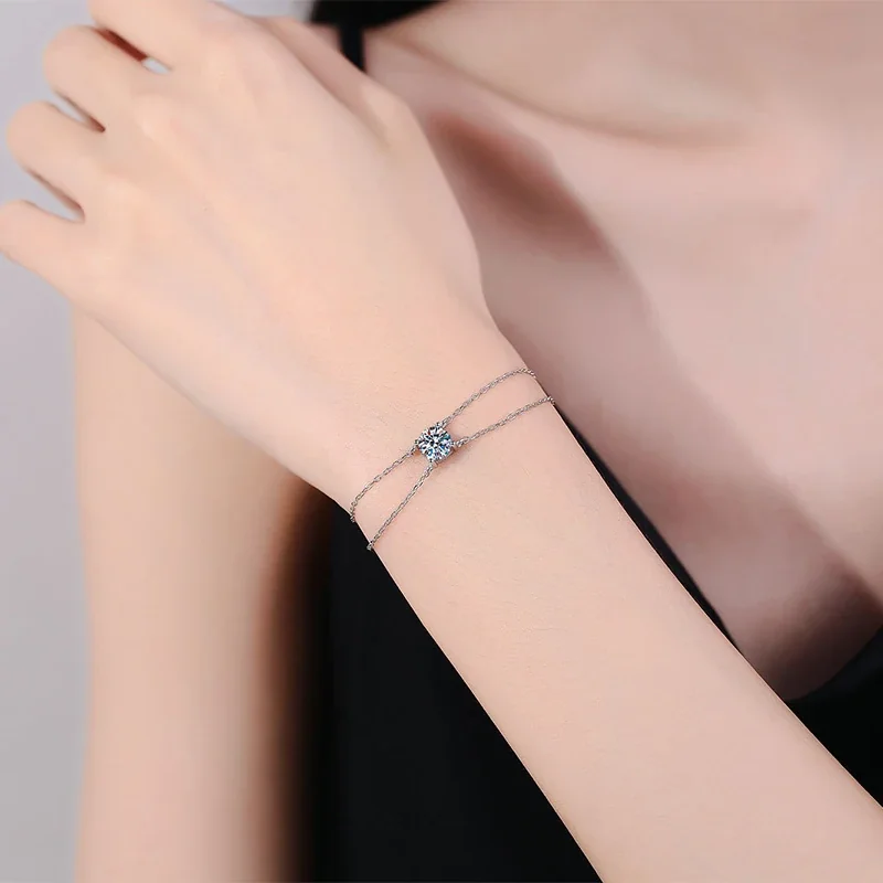 Delicate Double-Chain Round Moissanite 925 Sterling Silver Bracelet