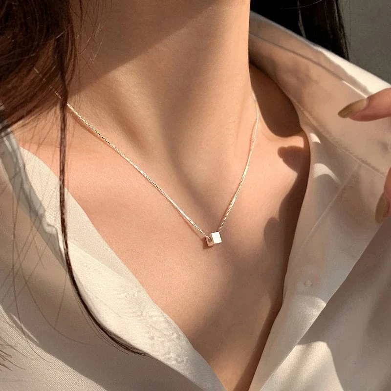 Minimal Brushed Cube 925 Sterling Silver Box Chain Necklace
