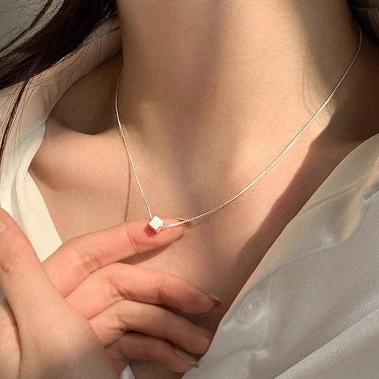 Minimal Brushed Cube 925 Sterling Silver Box Chain Necklace