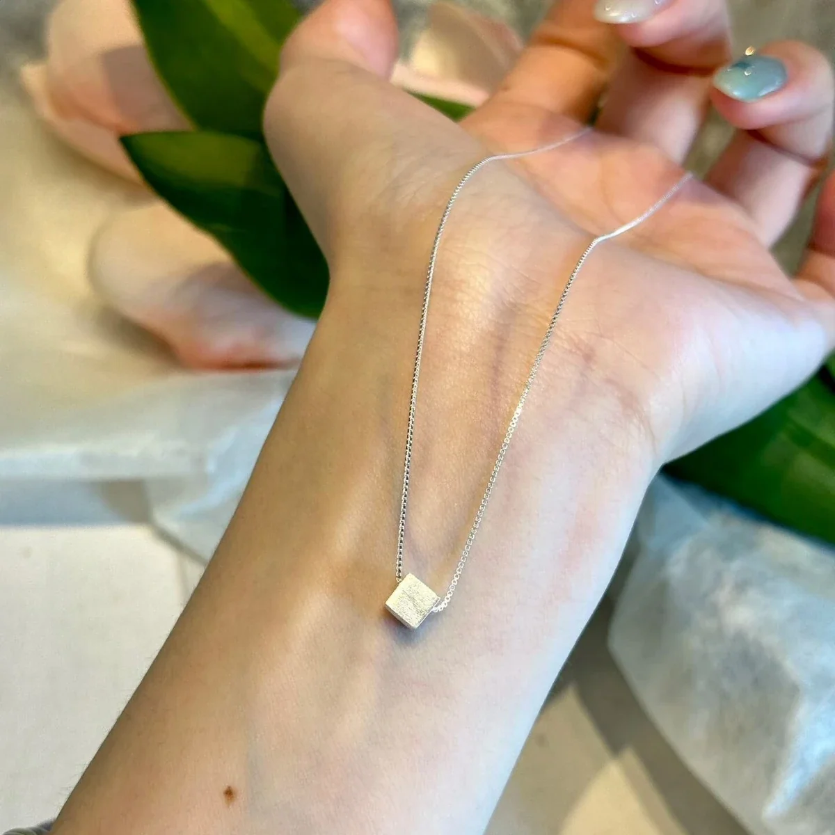 Minimal Brushed Cube 925 Sterling Silver Box Chain Necklace