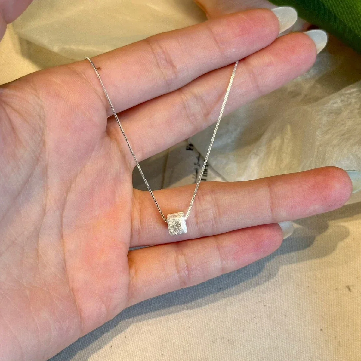 Minimal Brushed Cube 925 Sterling Silver Box Chain Necklace