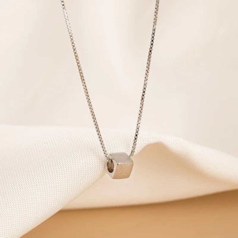 Minimal Brushed Cube 925 Sterling Silver Box Chain Necklace - White Gold
