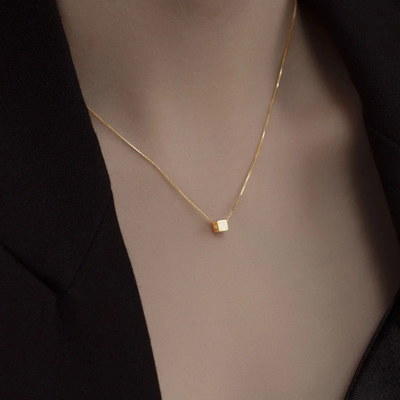 Minimal Brushed Cube 925 Sterling Silver Box Chain Necklace - Gold