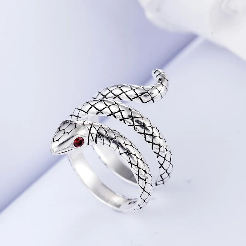 Coiled Snake Silver-Plated Copper Red-Eye Open Ring