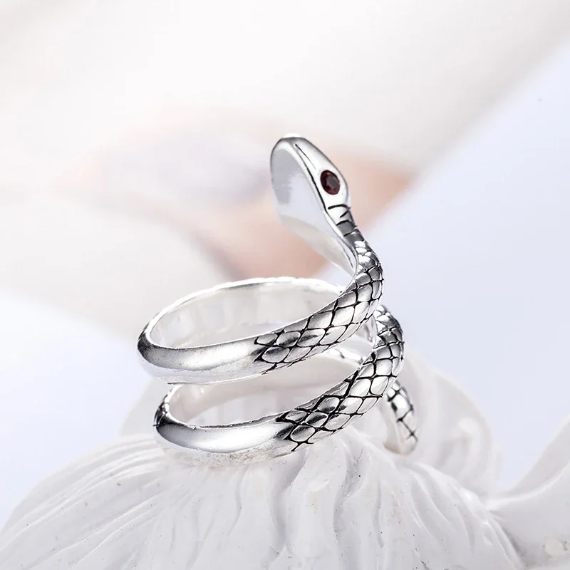 Coiled Snake Silver-Plated Copper Red-Eye Open Ring