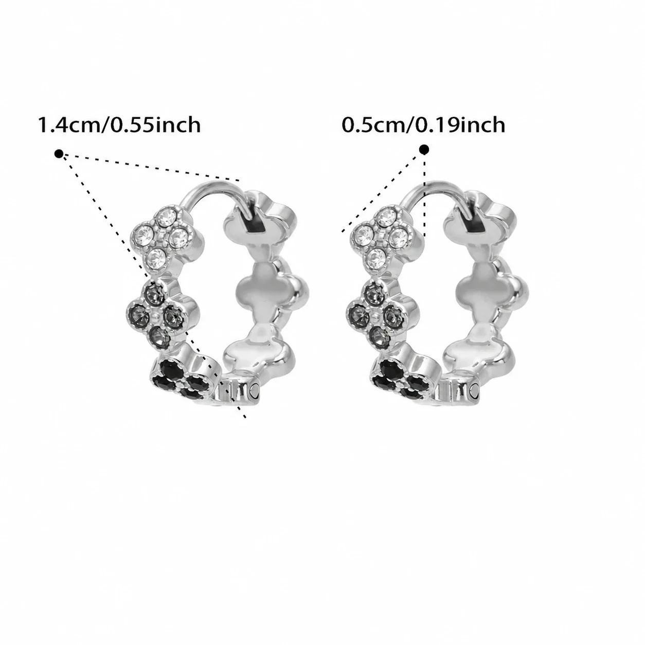 Petite Clover Trio Stainless Steel Hoop Earrings - Silver Black CZ