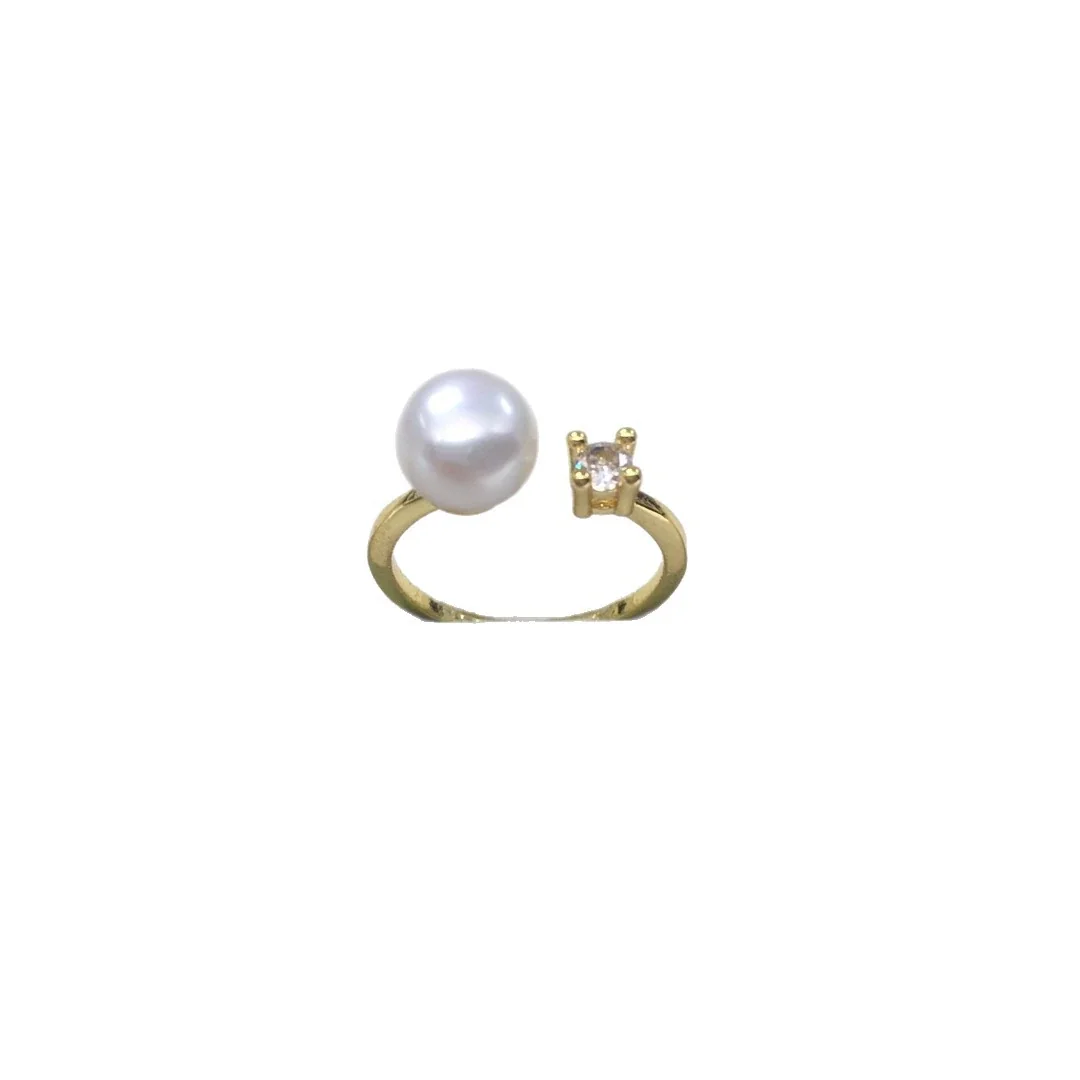 Asymmetric Gold-Plated Freshwater Pearl CZ Open Ring