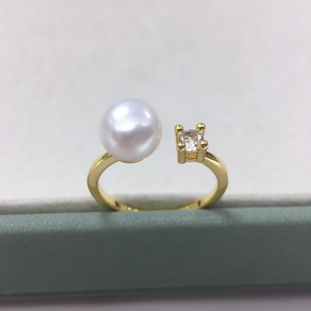 Asymmetric Gold-Plated Freshwater Pearl CZ Open Ring