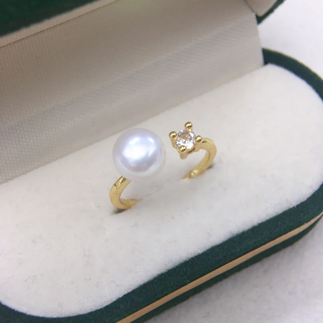 Asymmetric Gold-Plated Freshwater Pearl CZ Open Ring