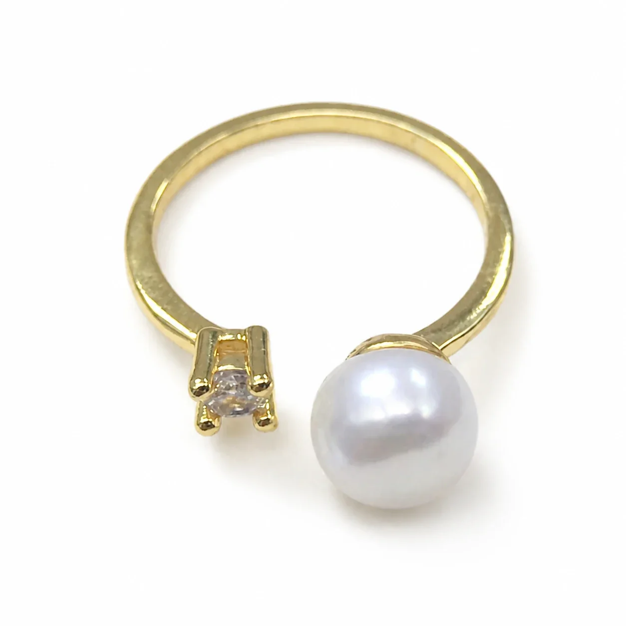 Asymmetric Gold-Plated Freshwater Pearl CZ Open Ring