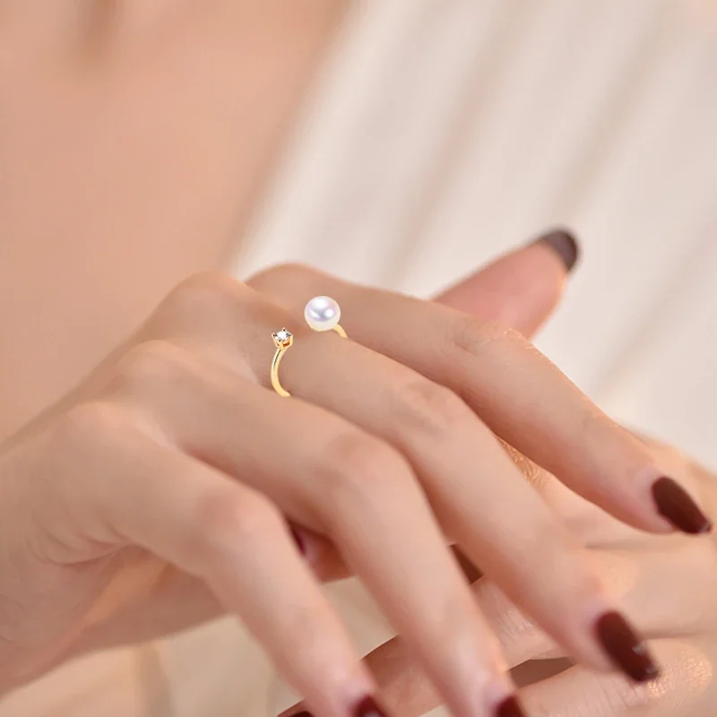 Asymmetric Gold-Plated Freshwater Pearl CZ Open Ring