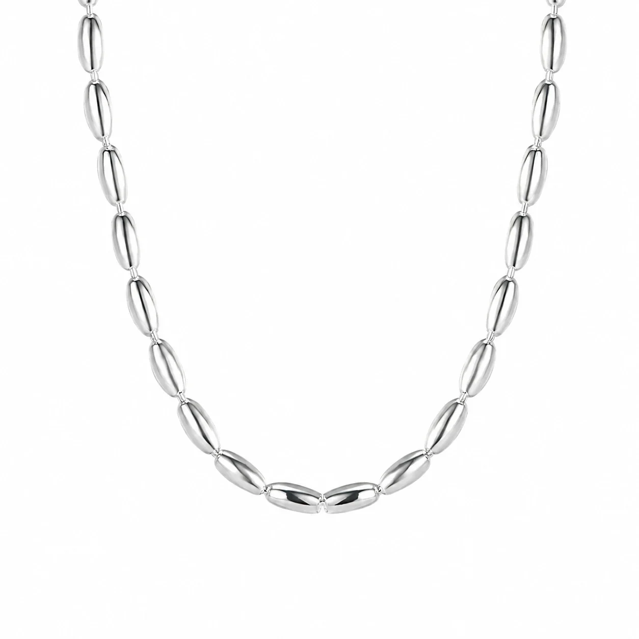 Polished 925 Sterling Silver Oval Bead Chain Necklace
