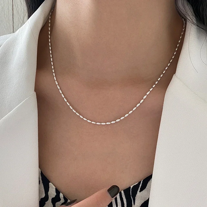 Polished 925 Sterling Silver Oval Bead Chain Necklace