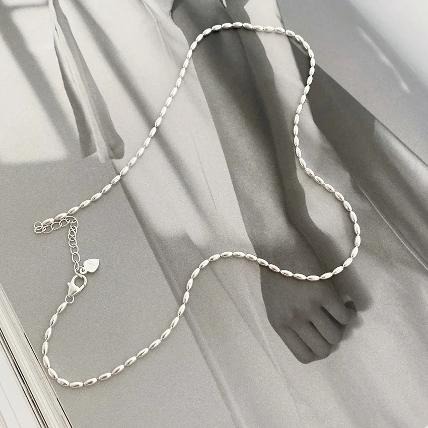 Polished 925 Sterling Silver Oval Bead Chain Necklace - 40 + 5 cm