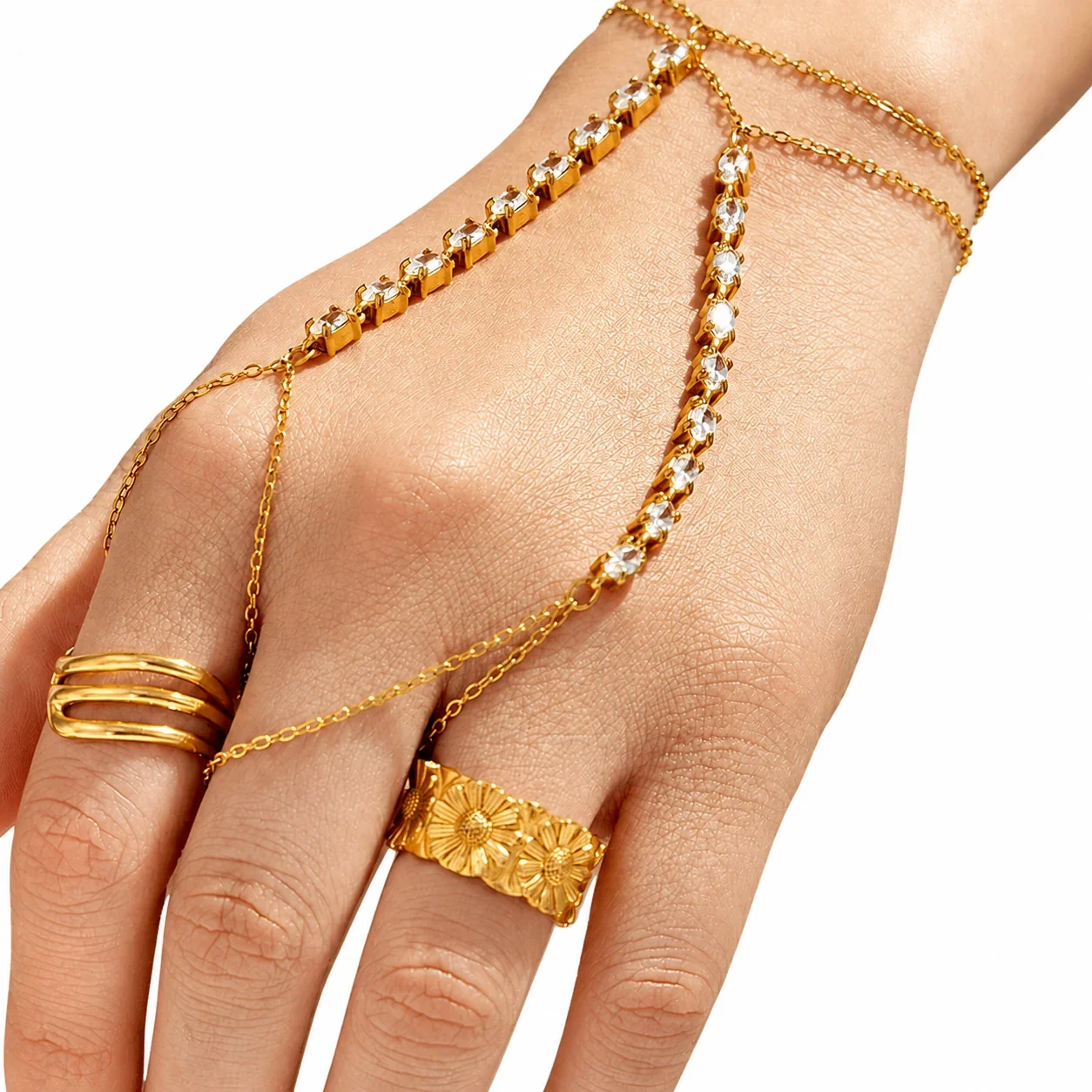 Sleek Gold-Plated CZ Wave Finger Chain Bracelet