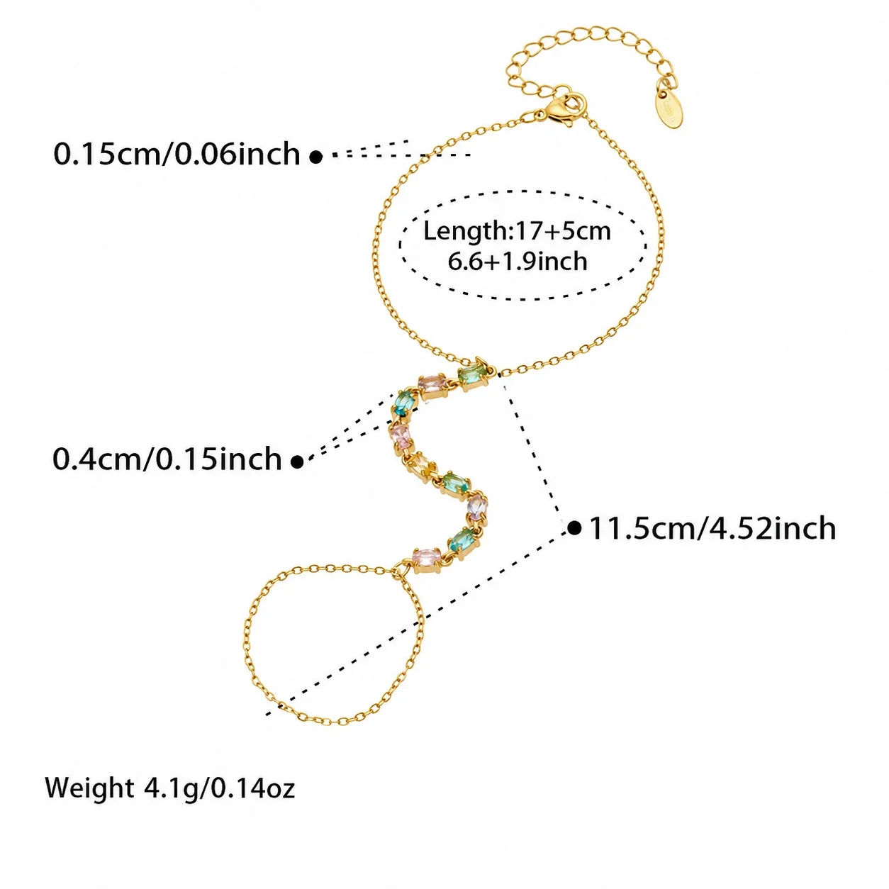 Sleek Gold-Plated CZ Wave Finger Chain Bracelet - Gold Multi-Color CZ