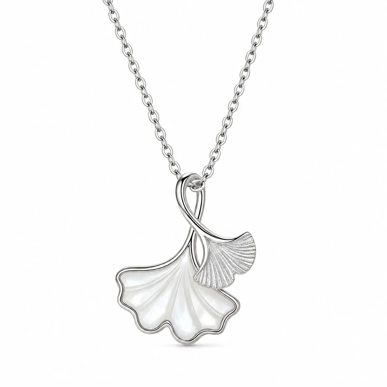 Sculptural Ginkgo Shell-Inlay 925 Sterling Silver Necklace