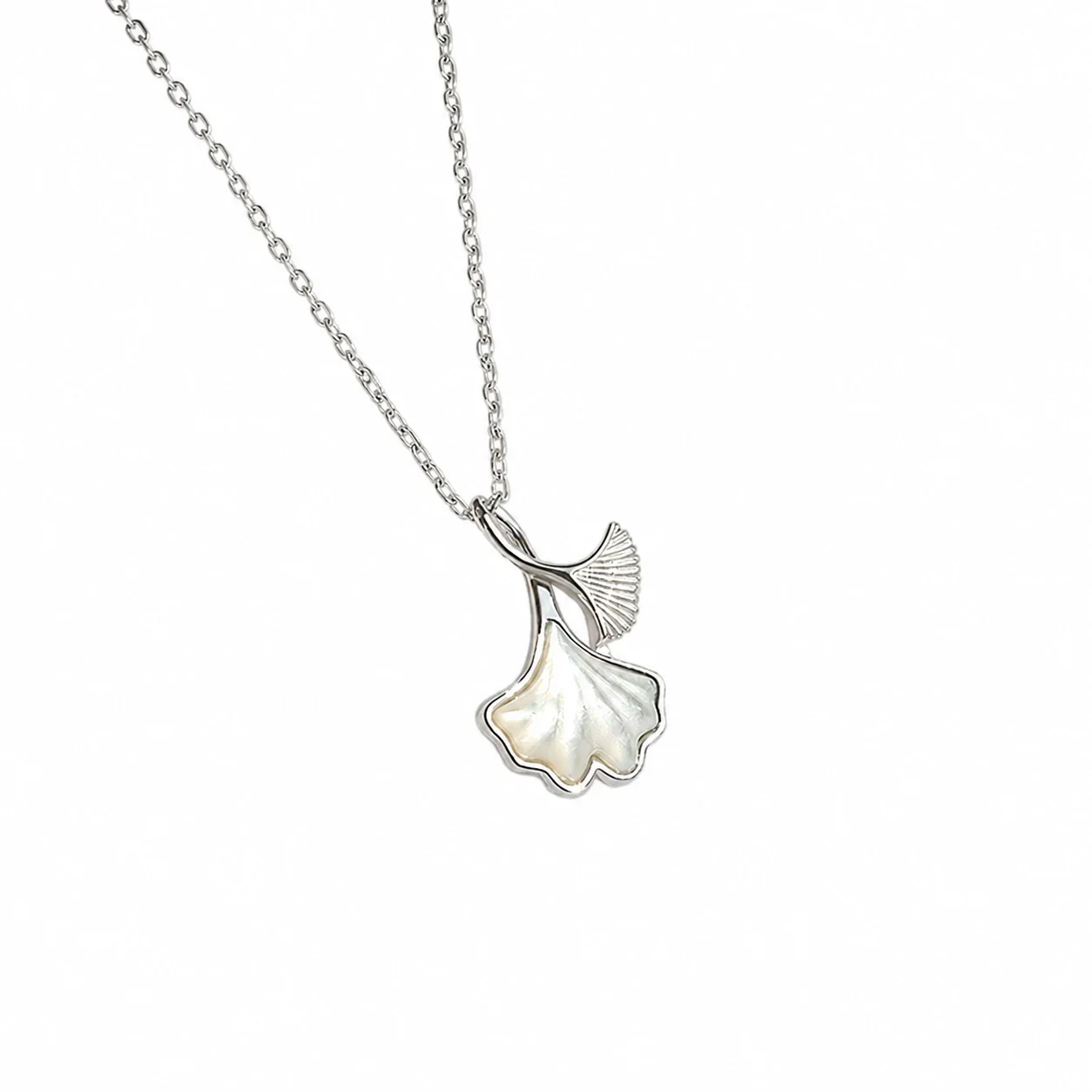 Sculptural Ginkgo Shell-Inlay 925 Sterling Silver Necklace