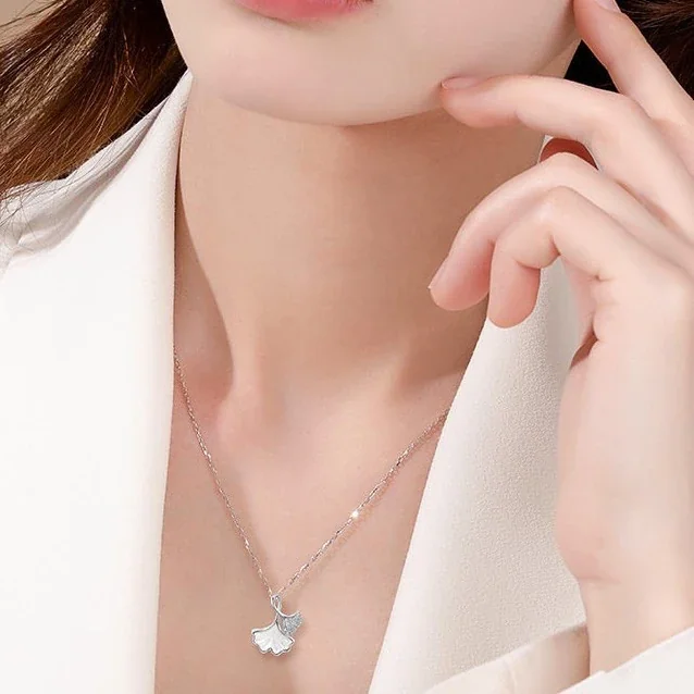 Sculptural Ginkgo Shell-Inlay 925 Sterling Silver Necklace
